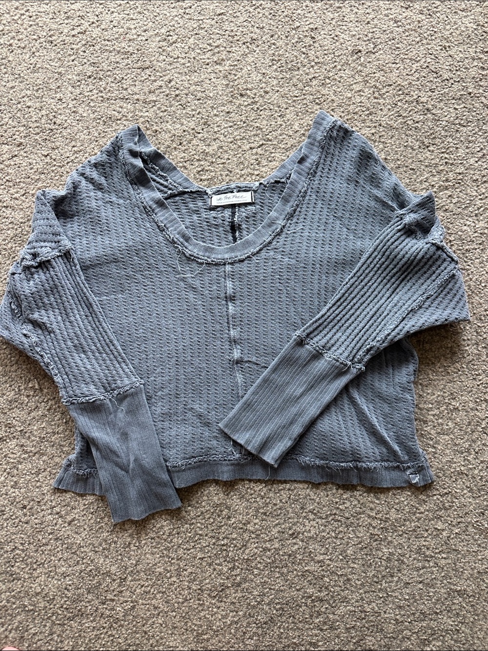 We The Free Washed Blue-Gray Waffle Long Sleeve Top